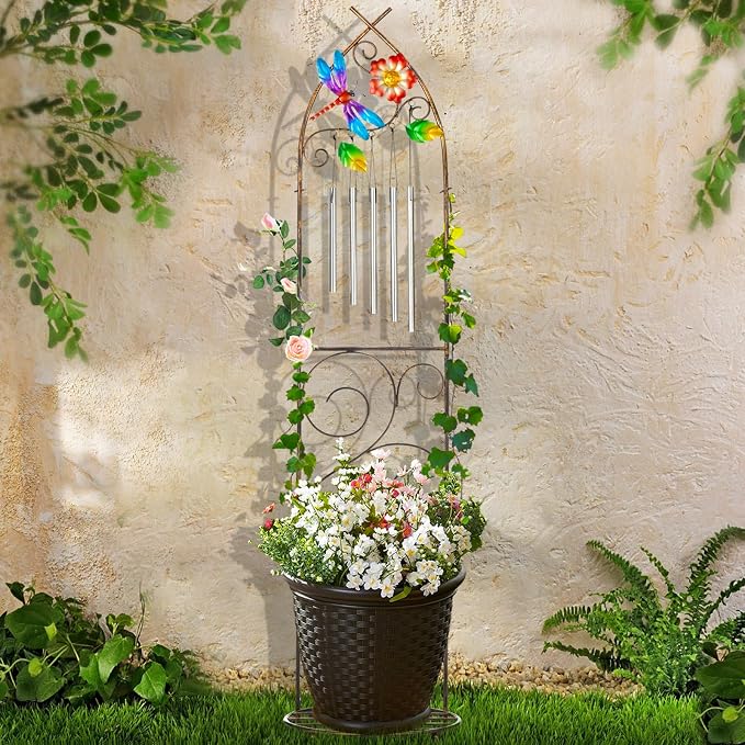 Plant Stands with Garden Trellis, 48” Metal Standing Wind Chimes Plant Pot - Image 7