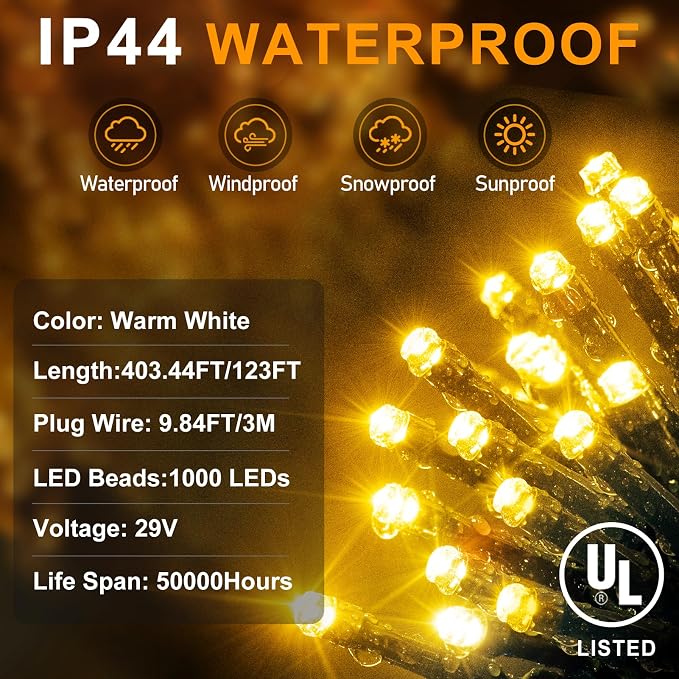 KNONEW 403FT 1000 LED Christmas Lights Outdoor String Lights 8 Modes & Timer - Image 4
