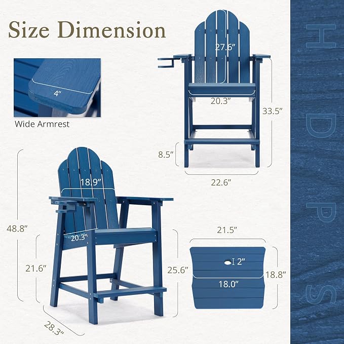 LUE BONA Tall Adirondack Chair Set of 2, All Weather HDPS Bar Height Adirondack - Image 2
