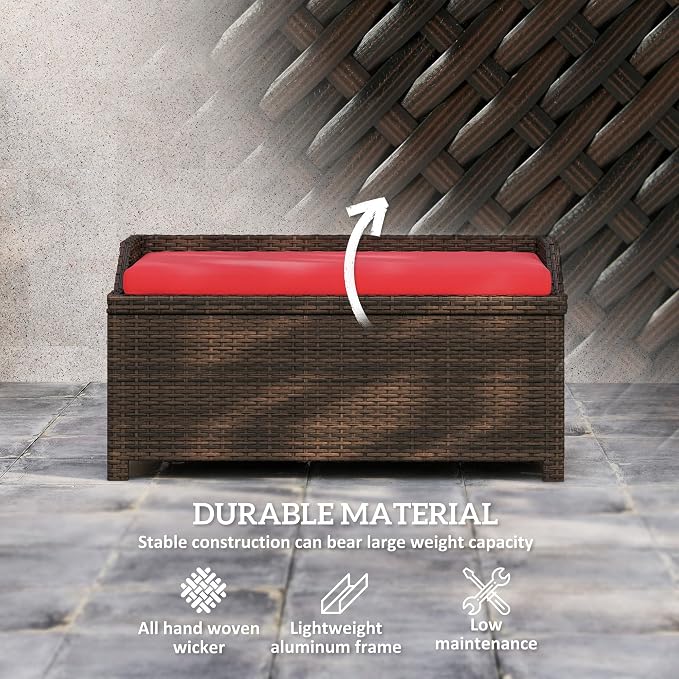 Outsunny 34 Gallon Outdoor Wicker Storage Bench Deck Box, PE Rattan Patio - Image 6