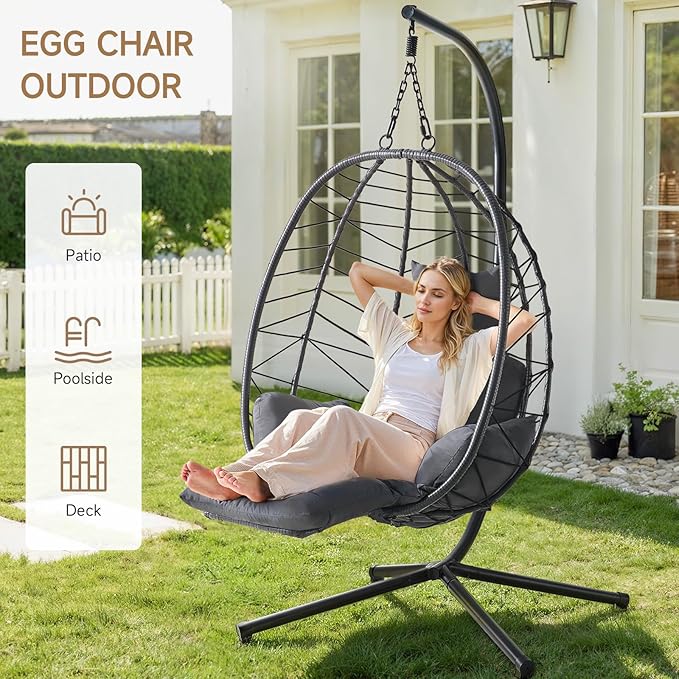 ONBRILL Hanging Egg Chair with Adjustable Footrest & Stand, Wicker Rattan Swing - Image 6