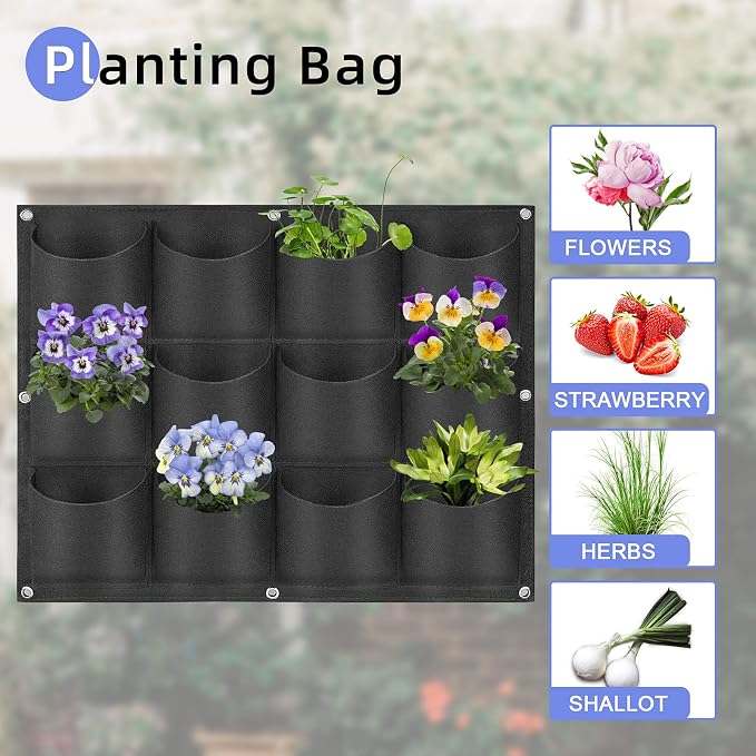 12 Pockets Hanging Planter Bags, Hanging Vertical Wall Mounted Plant Planting - Image 5