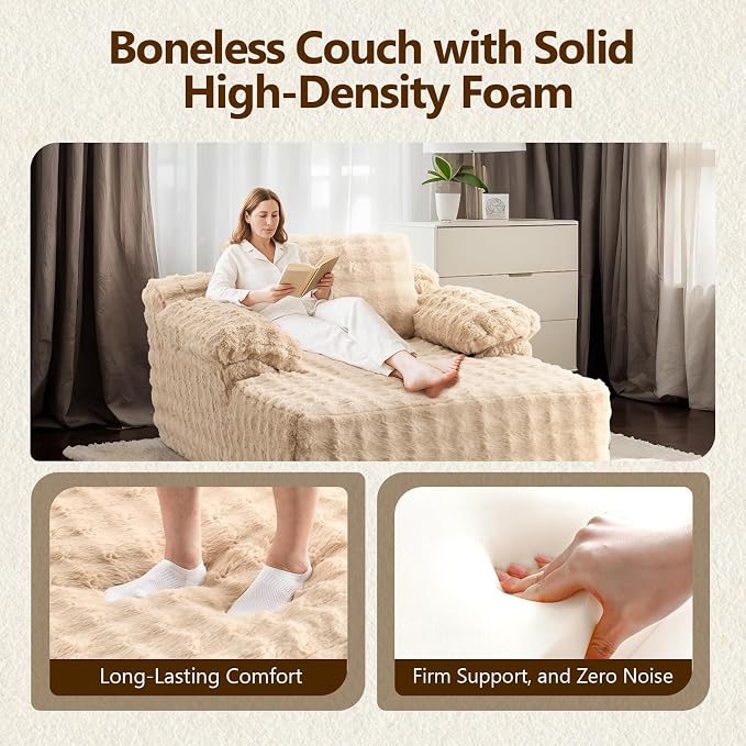 VINGLI Boneless Chaise Lounge Chair, Light Brown Oversized Reading Chair - Image 3