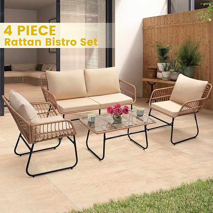 Kromax 4 Piece Patio Bistro Outdoor Furniture Set, Wicker Sofa, 2 Rattan Chairs - Image 2