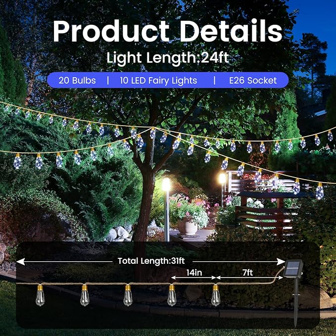 Solar String Lights for Outside, 24FT Vintage Rope Hemp Solar Outdoor String - Image 5