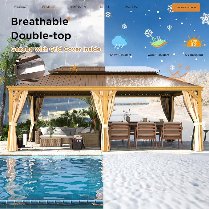 EROMMY 14'x22' Hardtop Gazebo, Galvanized Steel Double Roof - Image 5