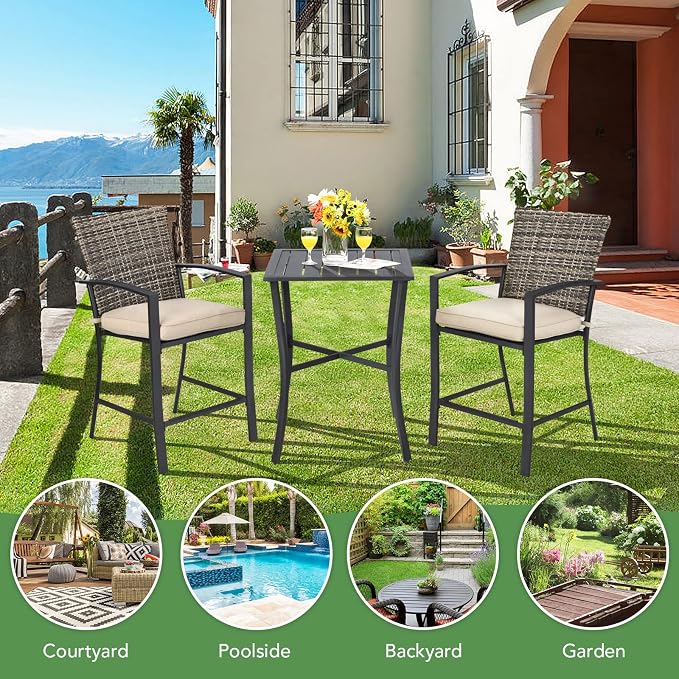 Tangkula 3 Piece Patio Bar Set, Outdoor Bistro Set w/ 27.5" Square Table - Image 7