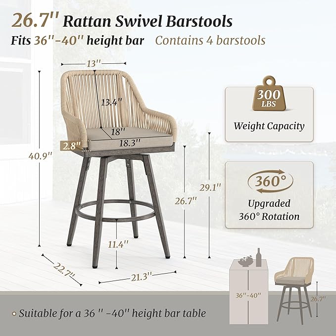 Outdoor Bar Stools Set of 4, 360° Swivel Aluminum Rattan Bar Stool - Image 2