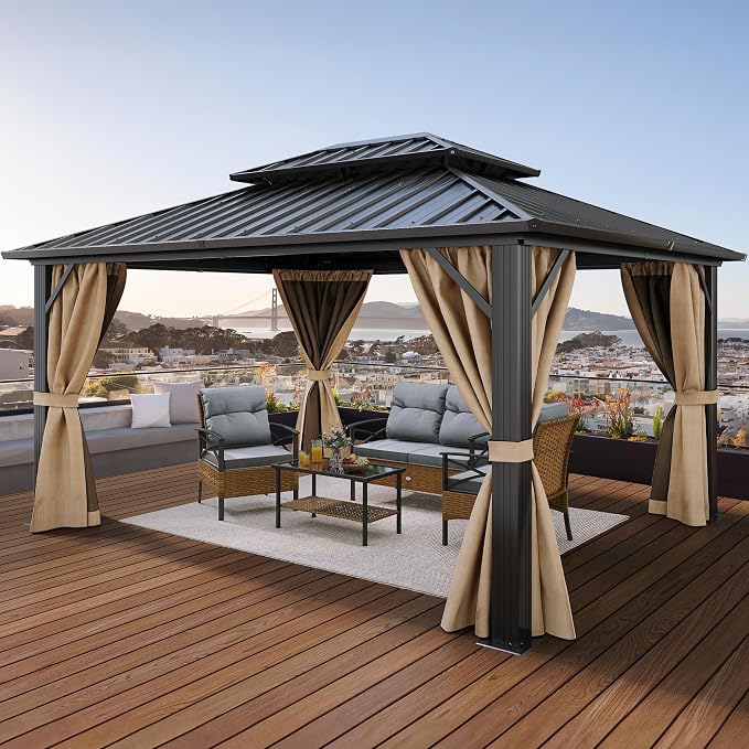 YITAHOME 10x12ft Gazebo Hardtop Double Roof Canopy w/Netting and Curtains by YITAHOME
