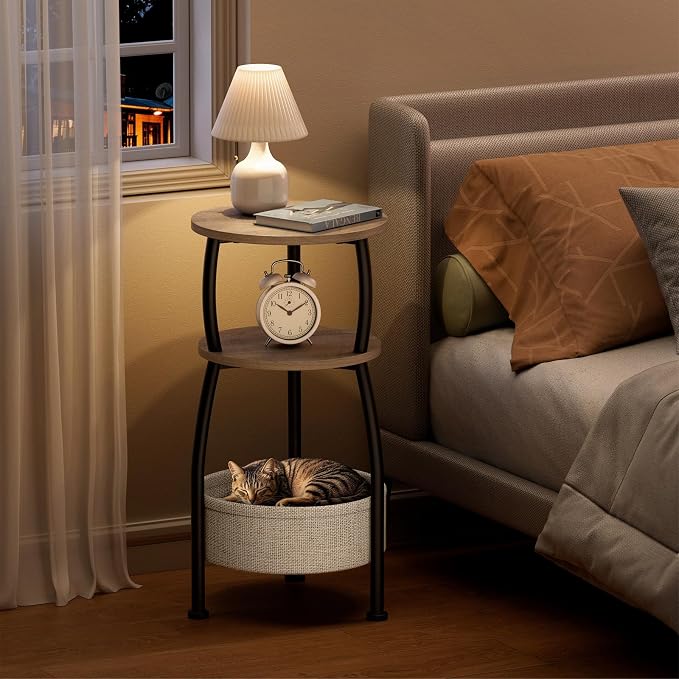 Round Side Table with Storage Basket –Small Space Saving End Table 3-Tier - Image 5