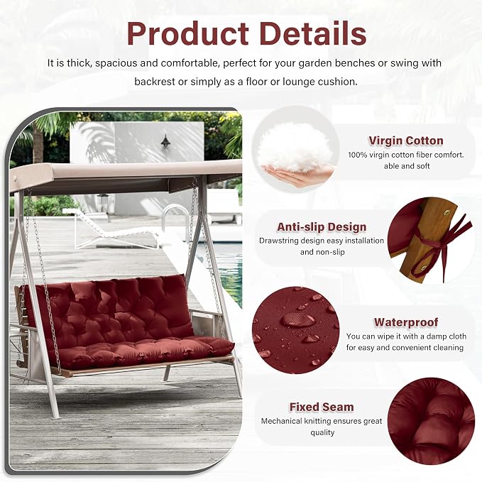 Porch Swing Cushion with Backrest, Waterproof Bench Cushion - Image 3