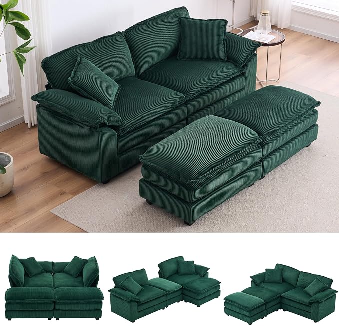 84.6” Corduroy Loveseat with Ottoman, Oversized Double Chaise Lounge Chair by ZXDesign