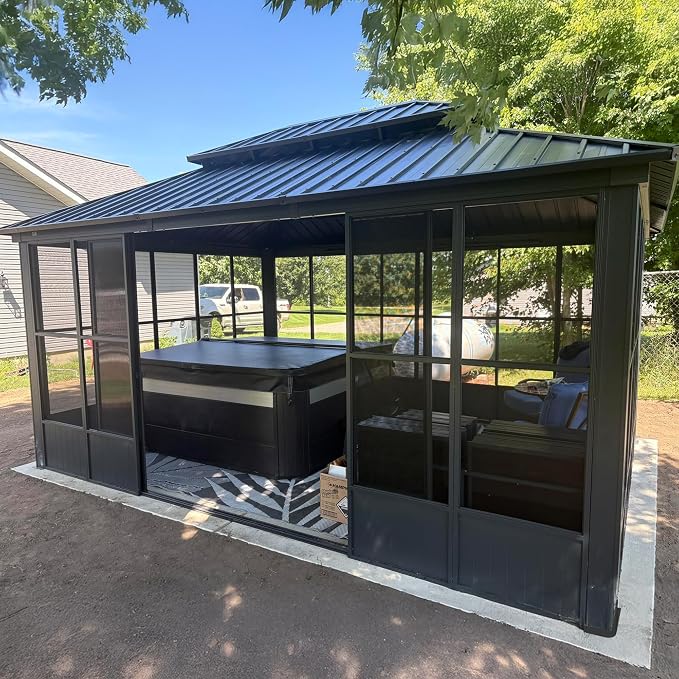 PURPLE LEAF 12' X 16' Solarium Permanent Hardtop Screened Gazebo Galvanized by PURPLELEAF