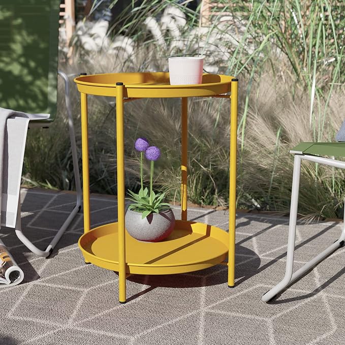 Grand patio Outdoor Side Table 2-Tier Round End Table Yellow - Image 2