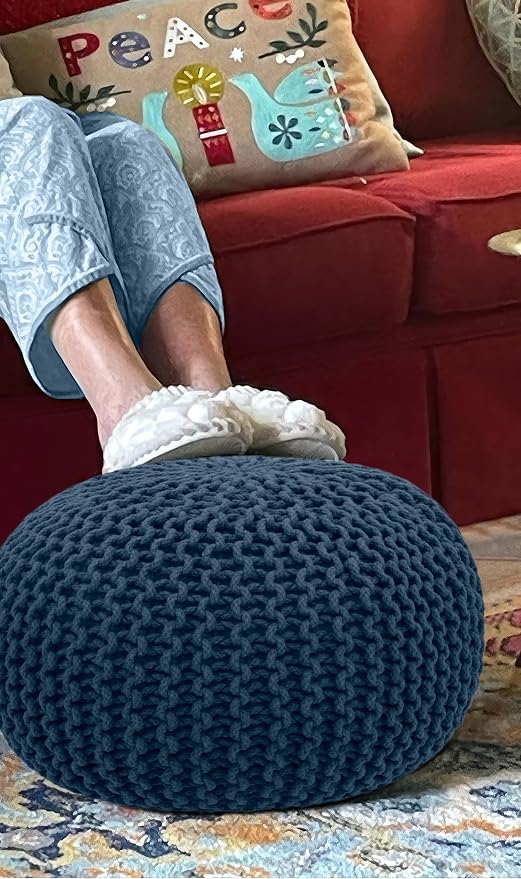 COTTON CRAFT - Hand Knitted Cable Style Dori Pouf - Blue - Floor Ottoman - - Image 4