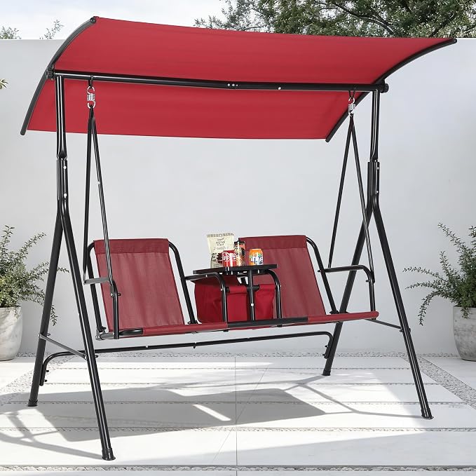Porch Swing with Cup Holders & Pivot Storage Table & Cooler Bag with Adjustable by Garvee