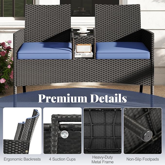 Tangkula Patio Loveseat with Built-in Table, Wicker 2-Seat Furniture with Soft - Image 7