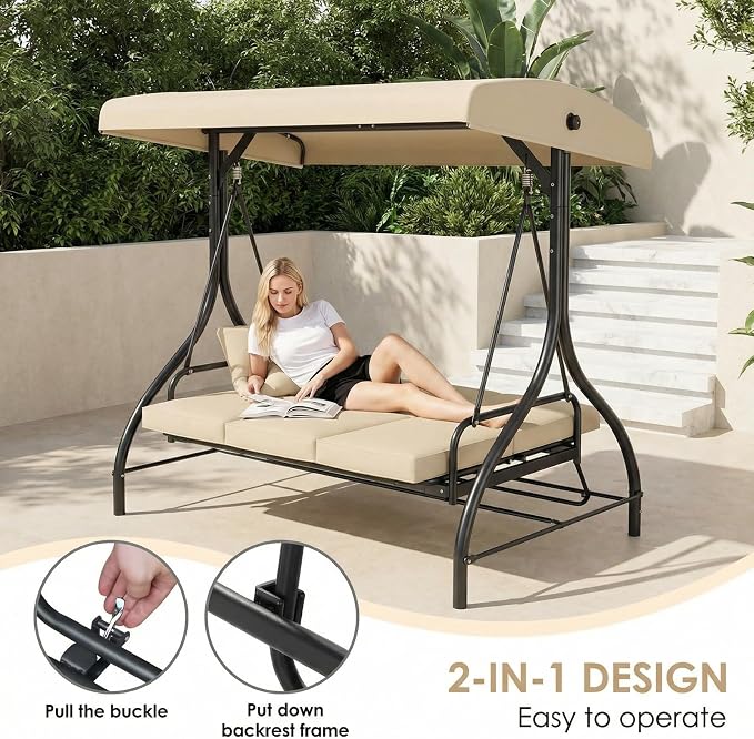 MAMIZO 3-Seat Patio Swing with Adjustable Canopy & Backrest, Outdoor Porch - Image 4
