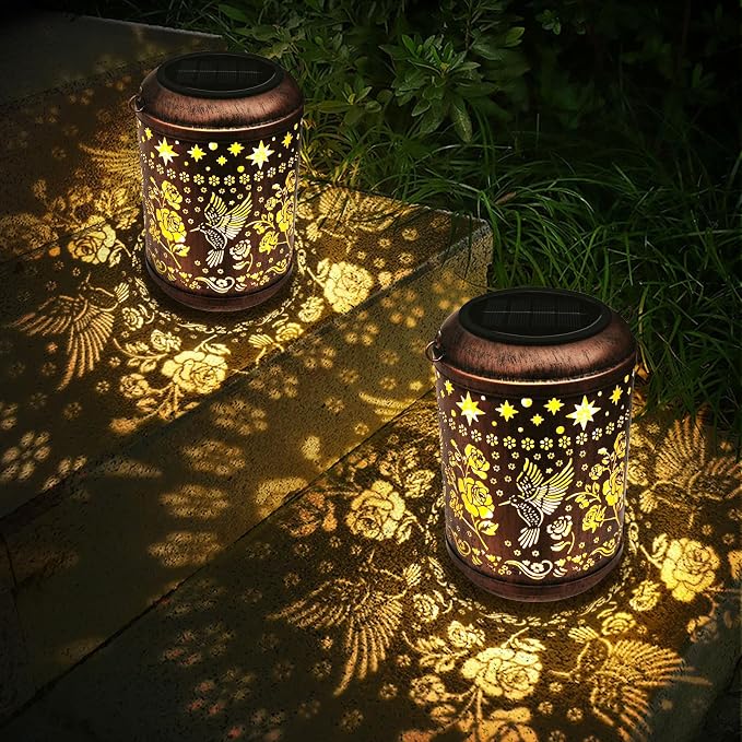 Kaixoxin 2 Pack Solar Garden Decor Metal Lantern Hummingbird Table Lamp Bronze - Image 2