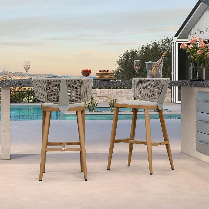 PURPLE LEAF Outdoor Bar Height Stool Set of 2 Modern Rattan Bar Chairs - Image 9
