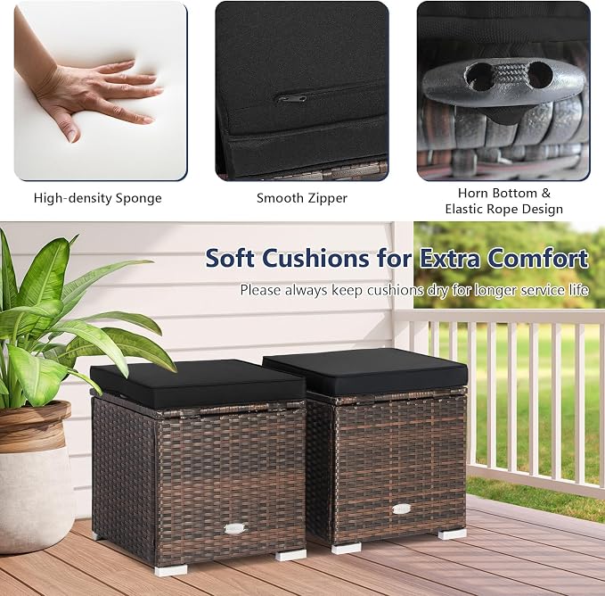 Tangkula 2 Pieces Patio Ottomans, Patiojoy Hand-Woven PE Rattan Side Table - Image 5