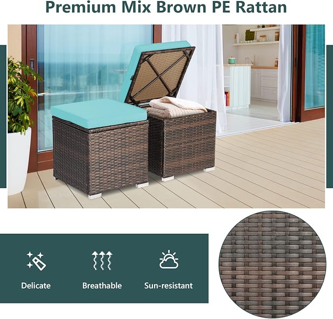Tangkula 2 Pieces Patio Ottomans, Patiojoy Hand-Woven PE Rattan Side Table - Image 7