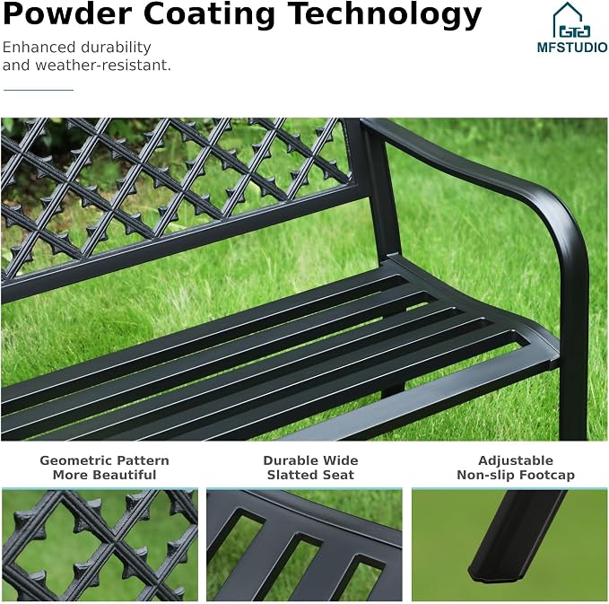 MFSTUDIO Outdoor Metal Bench Set of 2, Cast Iron Frame Patio Furniture - Image 7