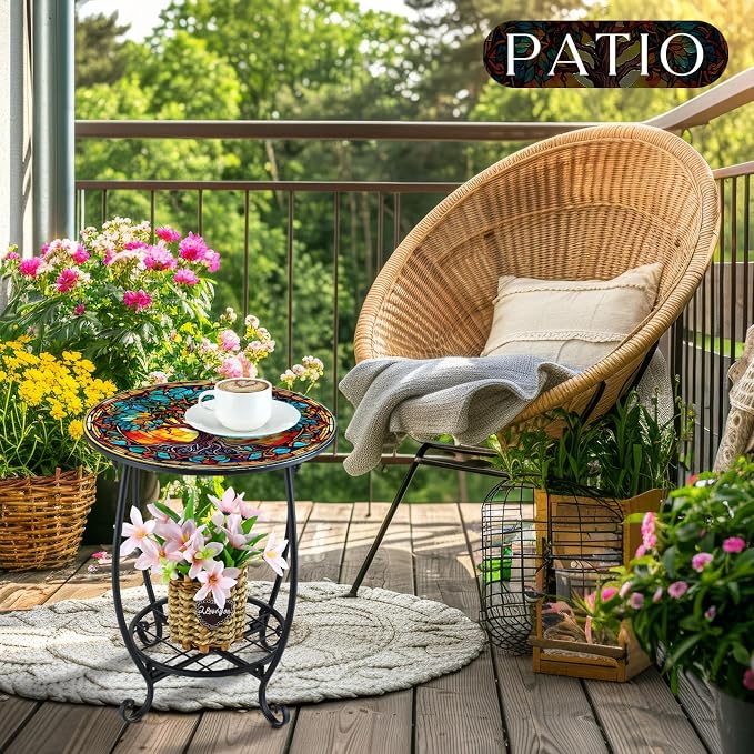 Outdoor Side Table Round Small Mosaic Patio Accent Indoor End Plant Coffee Tea - Image 2