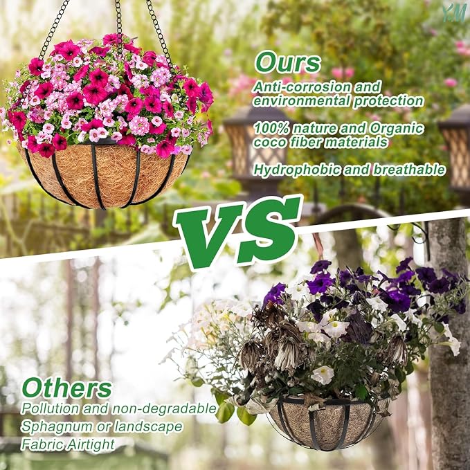 Y&M Pack of 2 12" Pre-Formed Round Coco Fiber Hanging Basket Liner, Coco - Image 7