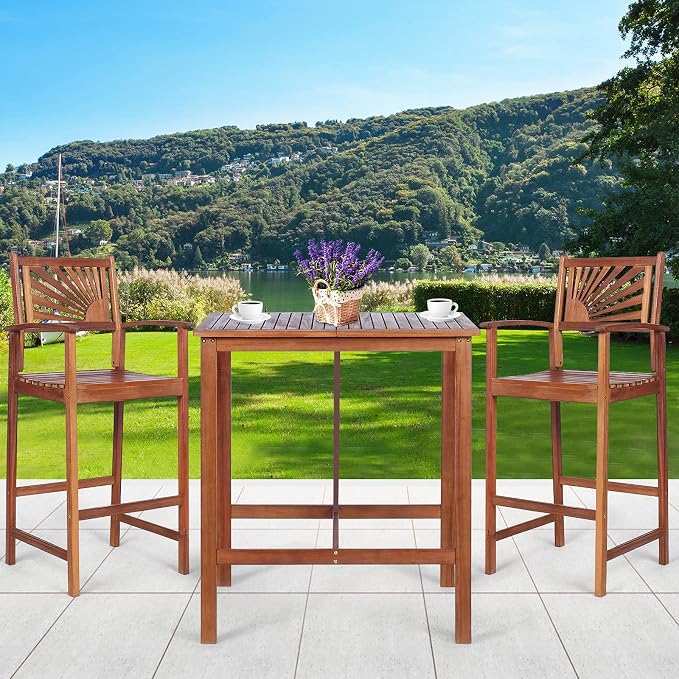 COSTWAY 3PCS Bar Table Set, Outdoor Acacia Wood Dining Set, Spacious Tabletop - Image 2
