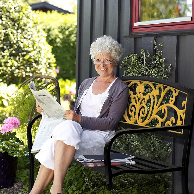 VINGLI Outdoor Bench for Patio Metal Garden Bench w/PVC Back Pattern - Image 2