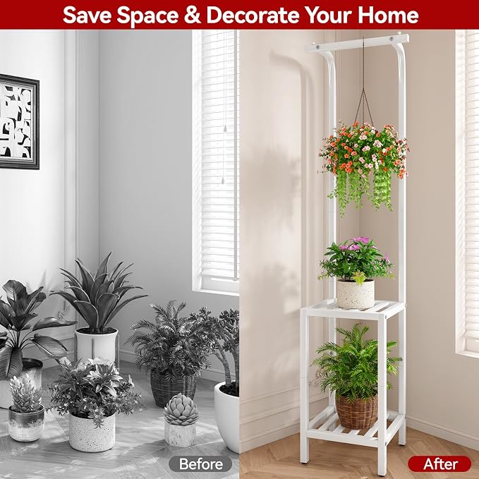 IBUYKE 67 Inch Tall Plant Stand Indoor Outdoor, 3 Tier Metal Hanging Plant Shelf - Image 7