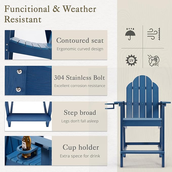 LUE BONA Tall Adirondack Chair Set of 2, All Weather HDPS Bar Height Adirondack - Image 4