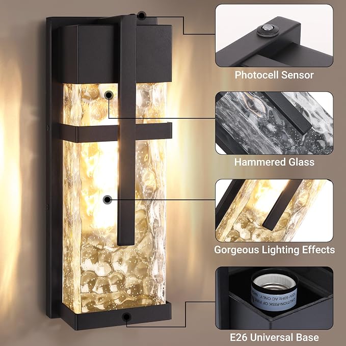 Hammered Glass Outdoor Wall Lantern, Dusk to Dawn Wall Sconce Lighting - Image 3