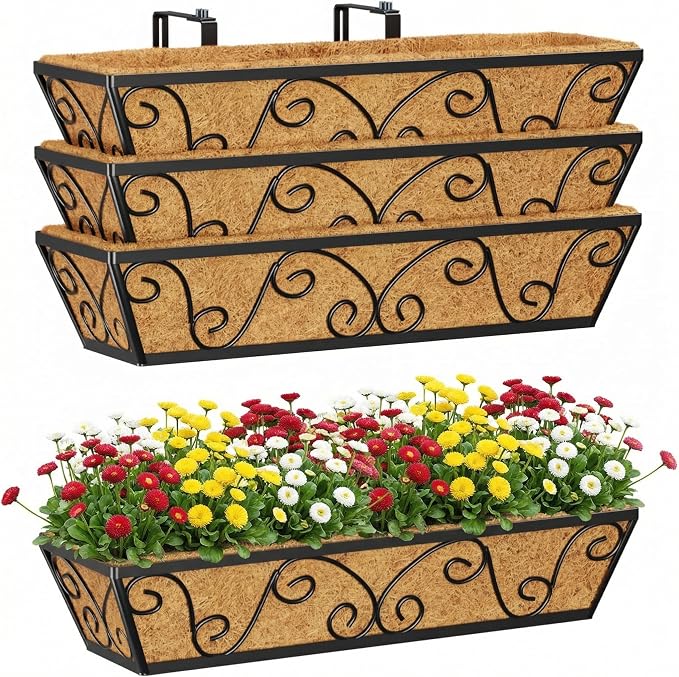 Y&M 24 Inch Window Deck with Coco Liner, Fence Metal Hanging Flower Planter by YM