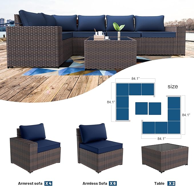 Kullavik Outdoor Patio Furniture Set, 12 Pieces Sectional Rattan Sofa Set Brown - Image 6