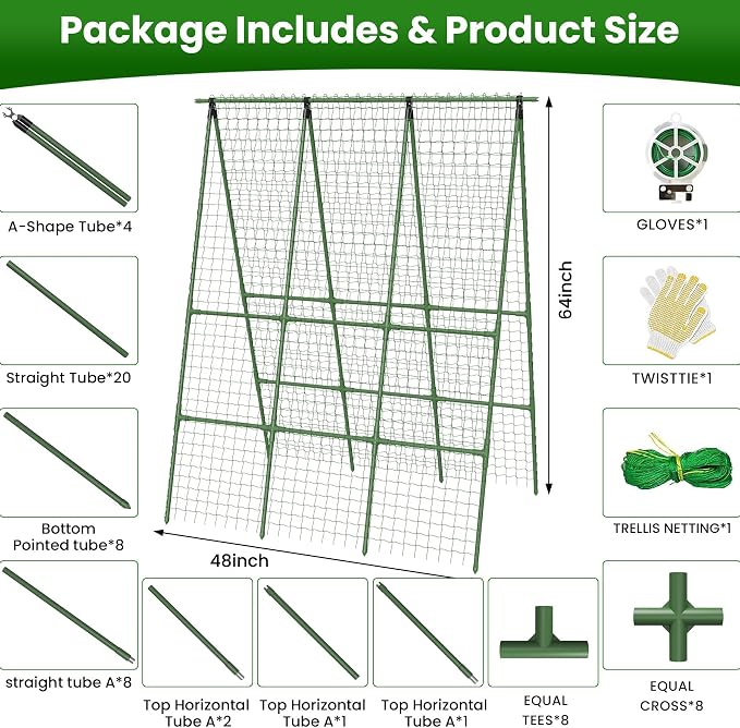 Cucumber Trellis for Raised Bed 48" L x 64" H, 16mm Heavy-Duty Metal A-Shape - Image 2