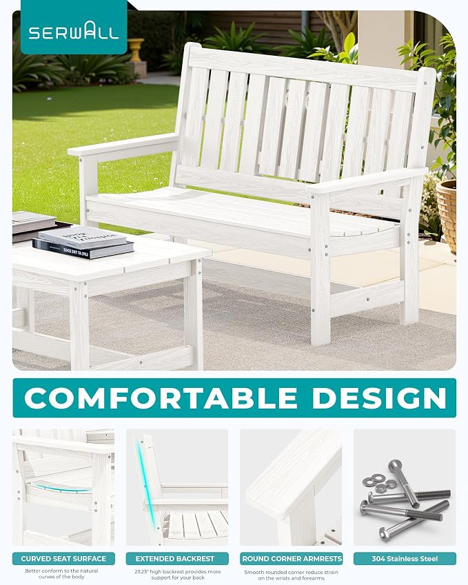 SERWALL Outdoor Bench with Cup Holder, All Weather Patio Benches with High - Image 5