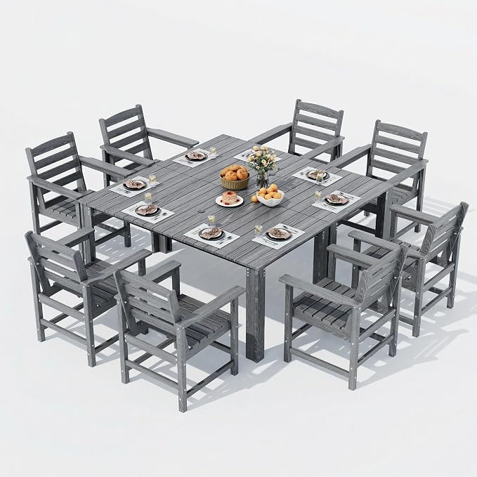 Outdoor HDPE Dining Table Set, 10-Piece Outdoor Dining Table Sets, Wood Grain by Unknown