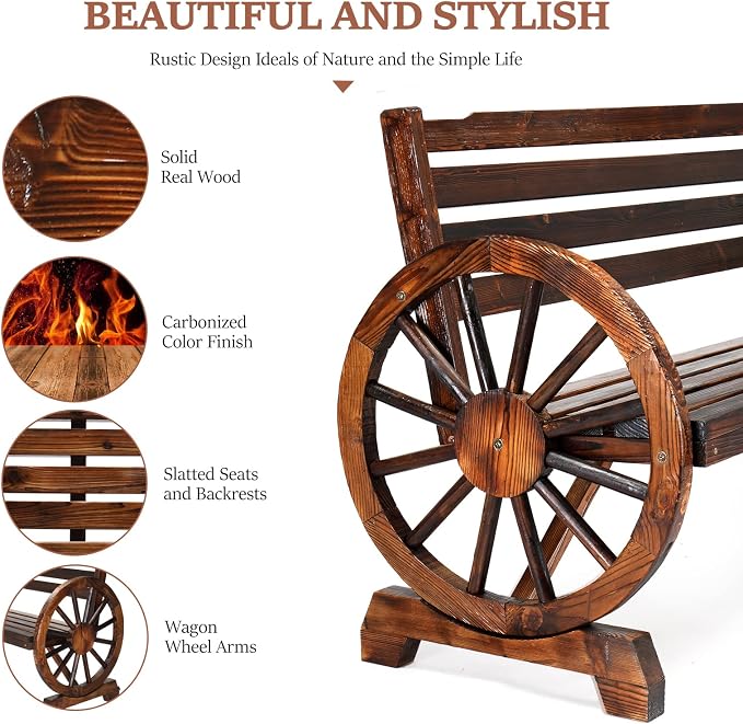 VINGLI Rustic Wooden Wheel Bench Outdoor Bench, Patio Bench Wagon Slatted Seat - Image 4