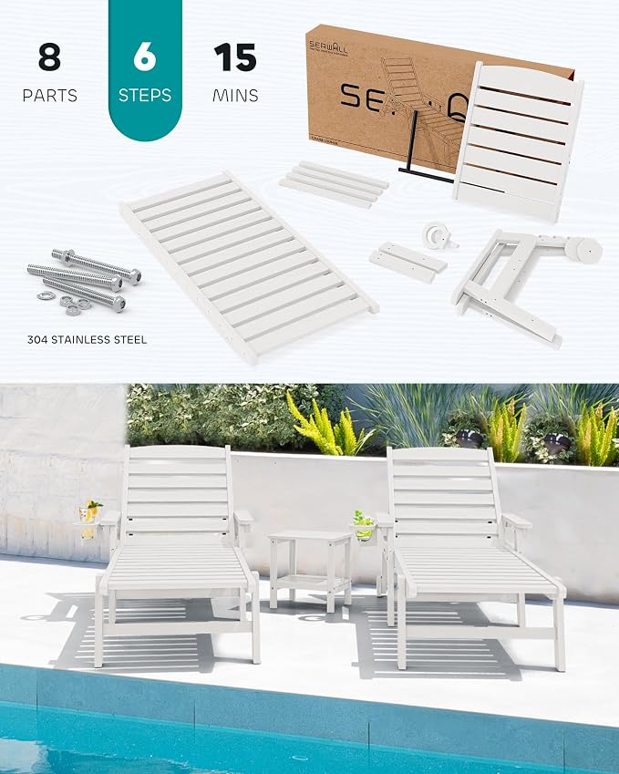 SERWALL Patio Chaise Lounge Chair Set of 6, 5 Positions Adjustable Poly Outdoor - Image 5