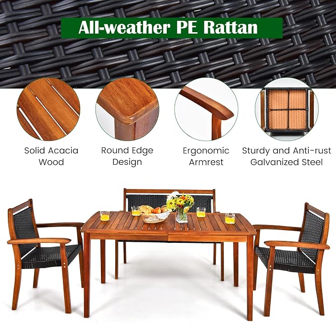 COSTWAY 4 Piece Patio Rattan Dining Furniture Set, Outdoor Acacia Wood Frame - Image 8
