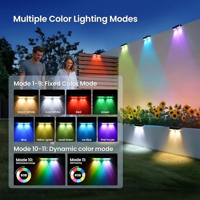 Solar Fence Lights Outdoor, 50 LM Solar Deck Lights 9 Fixed Colors & Color - Image 3