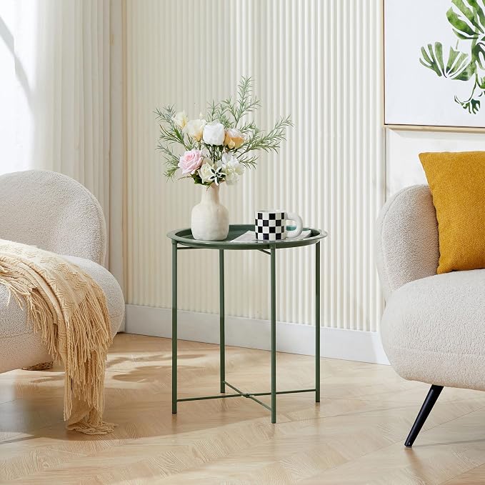 VECELO Side/End Table, Folding Round Metal Anti-Rust and Waterproof Outdoor or - Image 5