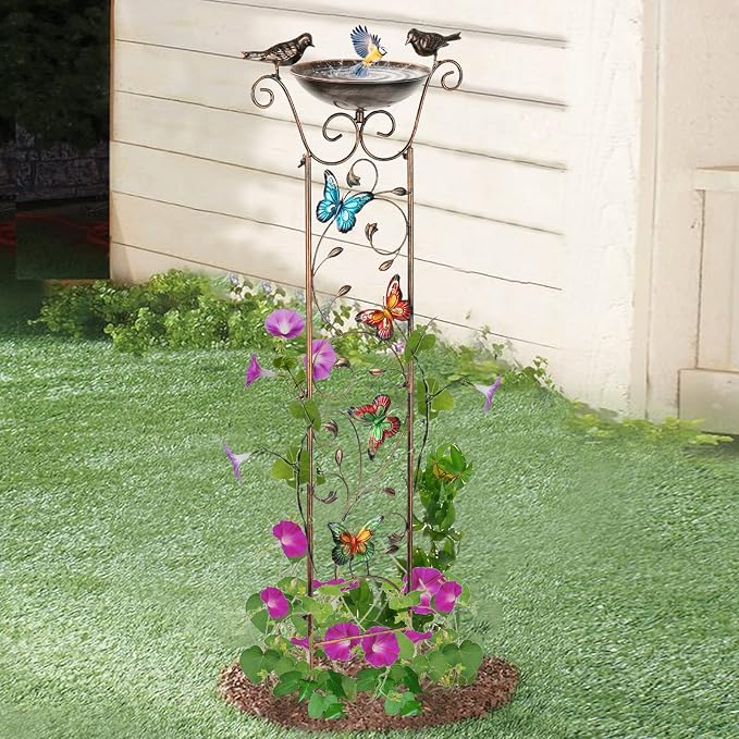 SUNNYPARK Bird Bath with Trellis Outdoor, Antique Garden Iron Trellis with - Image 5