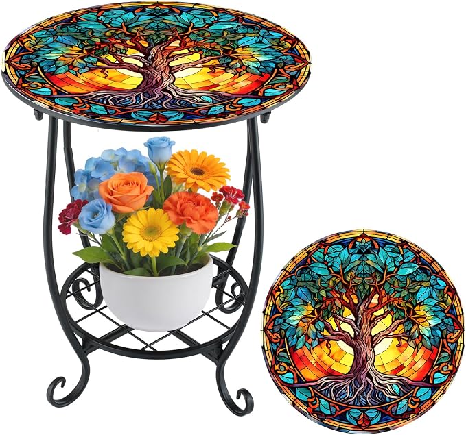Outdoor Side Table Round Small Mosaic Patio Accent Indoor End Plant Coffee Tea by Cinnvoice