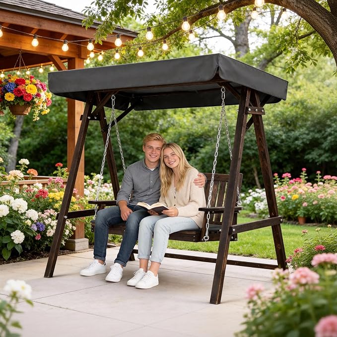 VINGLI Porch Swing with Stand, Wooden Swing & Stand with Canopy, Hanging Swing - Image 2