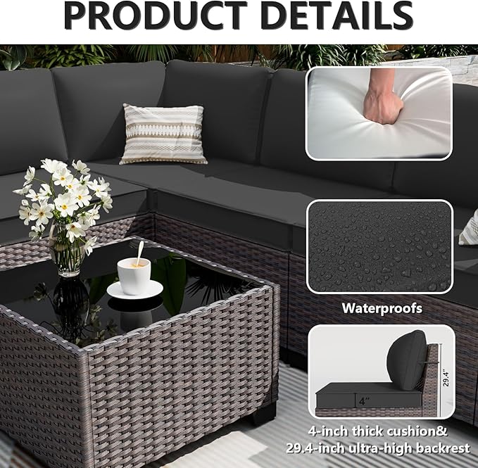 ALAULM 12 Pieces Patio Furniture Set Outdoor Sectional Sofa Brown PE Rattan - Image 4