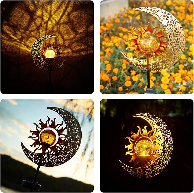 LICKLIP Garden Solar Lights Outdoor Decorative, Sun & Moon Crackle Glass Globe - Image 2