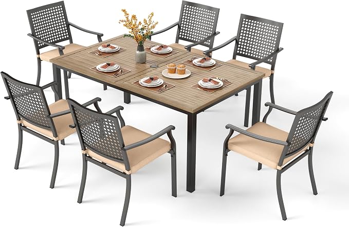 PHI VILLA 7 Pieces Outdoor Set for 6, 65” Wood-Like Metal Steel Dining Table & by PHIVILLAThepioneerofcomfortablehouseholdsupplies